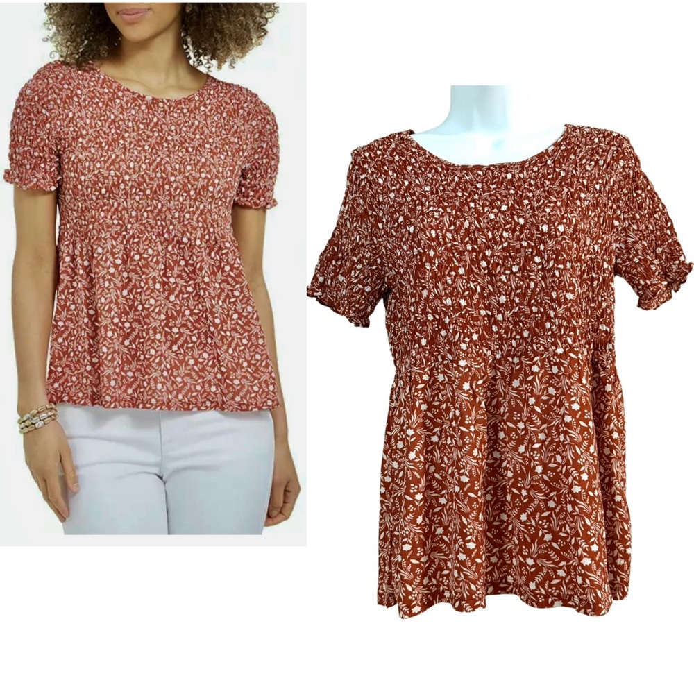 Style & Co. Brown White Smocked Blouse Top Size Medium Ditsy Dainty Floral Print
